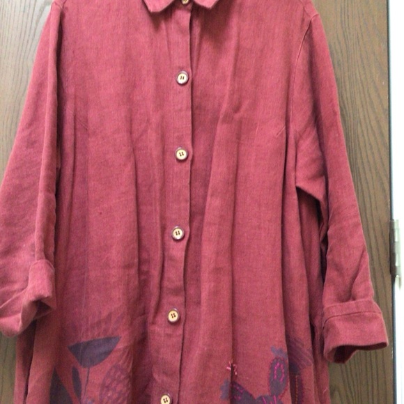 Gudrun Sjoden Red Tunic with Purple Accents, 100% linen, embroidered, sz L - Picture 3 of 13